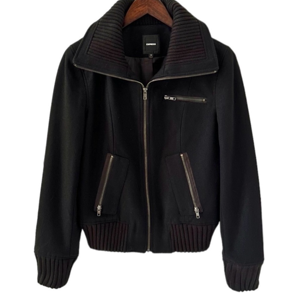NEW Express Black Wide Collar Wool Blend Bomber Jacket Size Medium - Picture 4 of 11